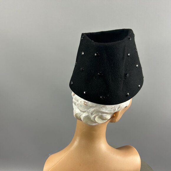 1940s Black Felt Military Hat w/ Jet Beads | Tall Vintage New York Creation Hat main image 2